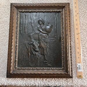 Antique Copper High Relief Plaque And Frame Milk Maiden and Cow Rustic Farmhouse